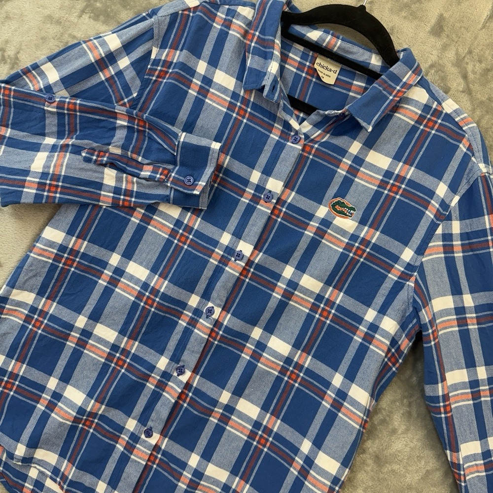 Florida Gators Monogram Flannel Shirt Orange Blue Plaid Size Medium Long Sleeve